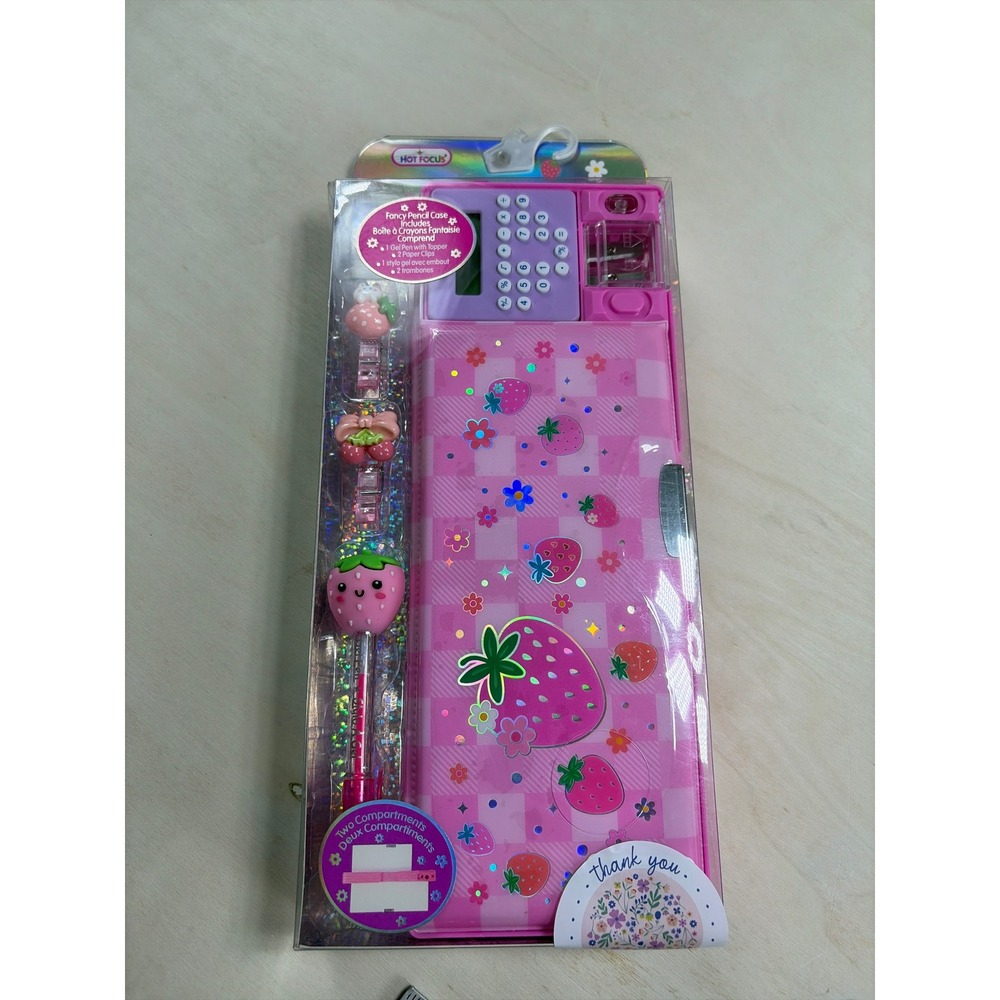 Hot Focus Fancy Pencil Case Pink Strawberry Stationery Set with Calculator Pen